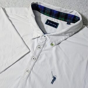 William Murray Polo Shirt Mens XL White Stretch Tartan Plaid Collar Golf S/S